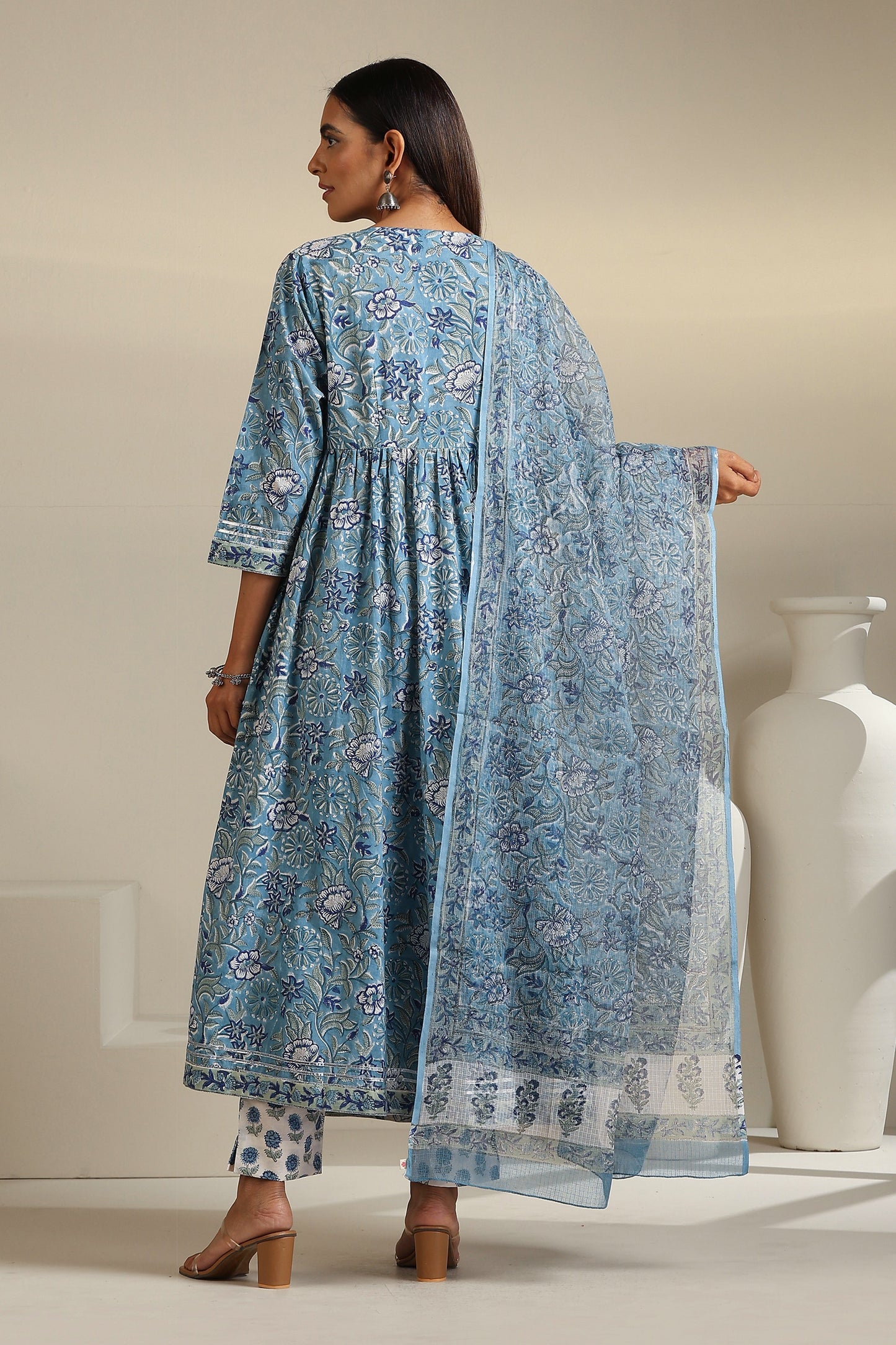 Murraya Azure Blue Mirrorwork Anarkali Set of 3