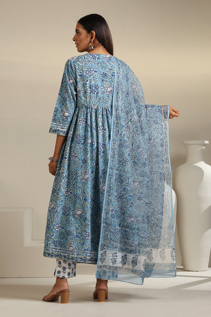 Murraya Azure Blue Mirrorwork Anarkali Set of 3