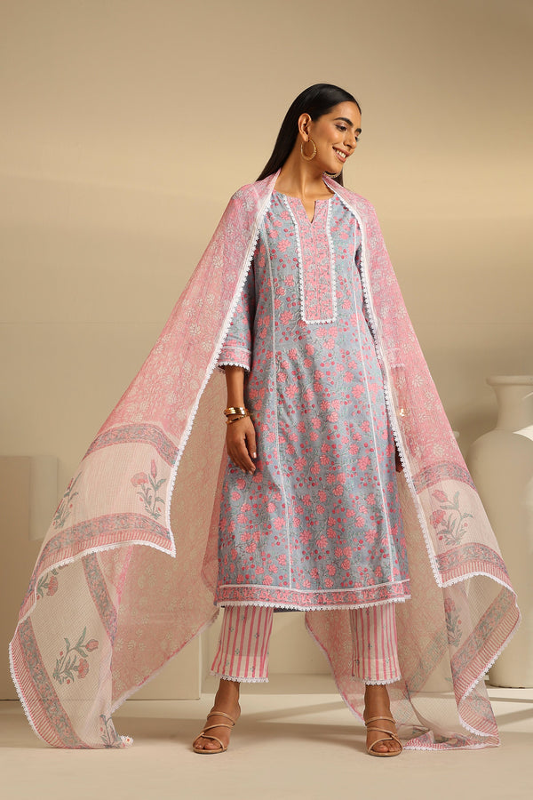 Murraya Blue Hyacinth Floral Kurta Set of 3