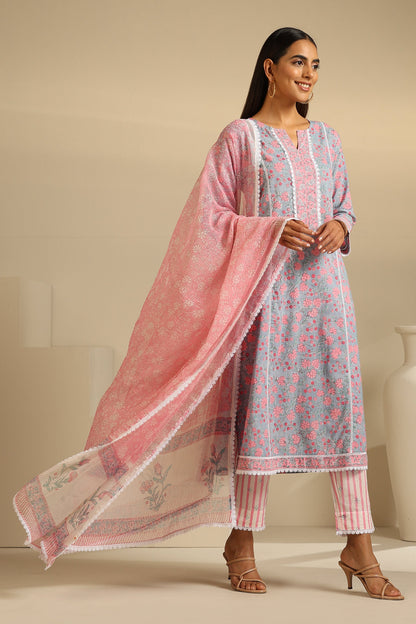 Murraya Blue Hyacinth Floral Kurta Set of 3