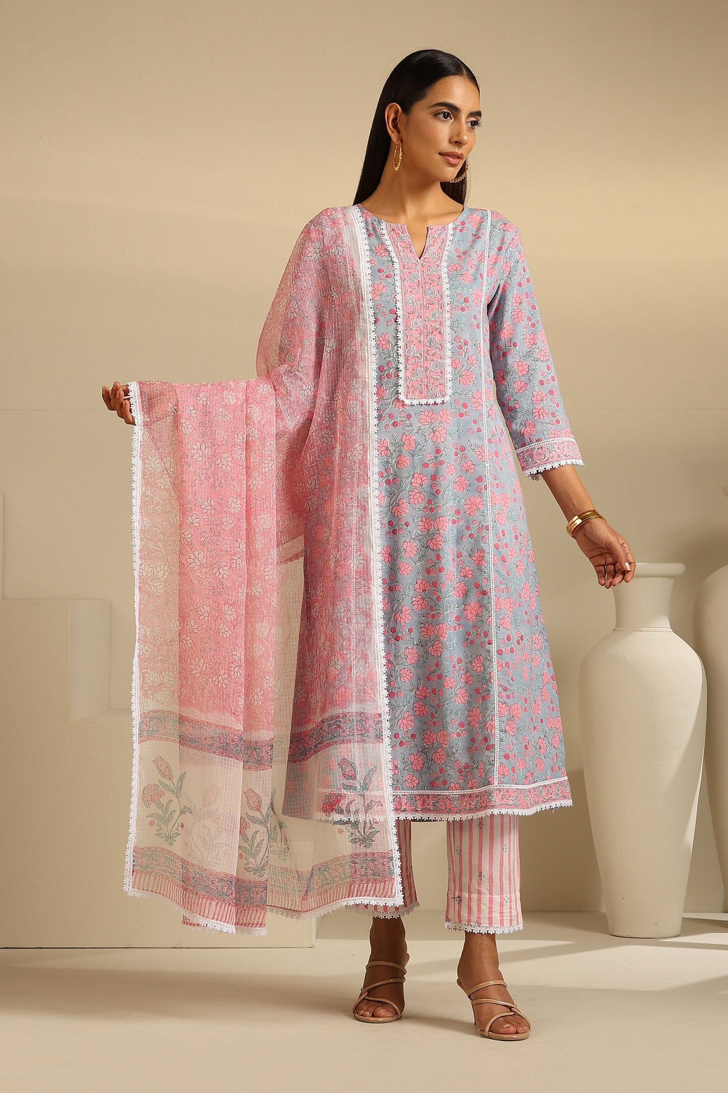 Murraya Blue Hyacinth Floral Kurta Set of 3