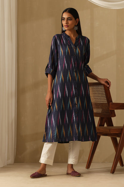 Murraya Kyanite Navy multicolored Ikat Handloom Cotton kurta
