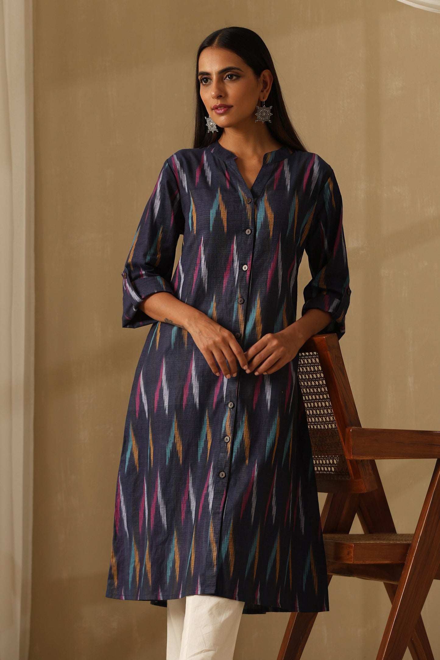 Murraya Kyanite Navy multicolored Ikat Handloom Cotton kurta