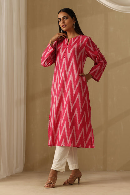 Murraya Camellia Pink Ikat Handloom Cotton Kurta