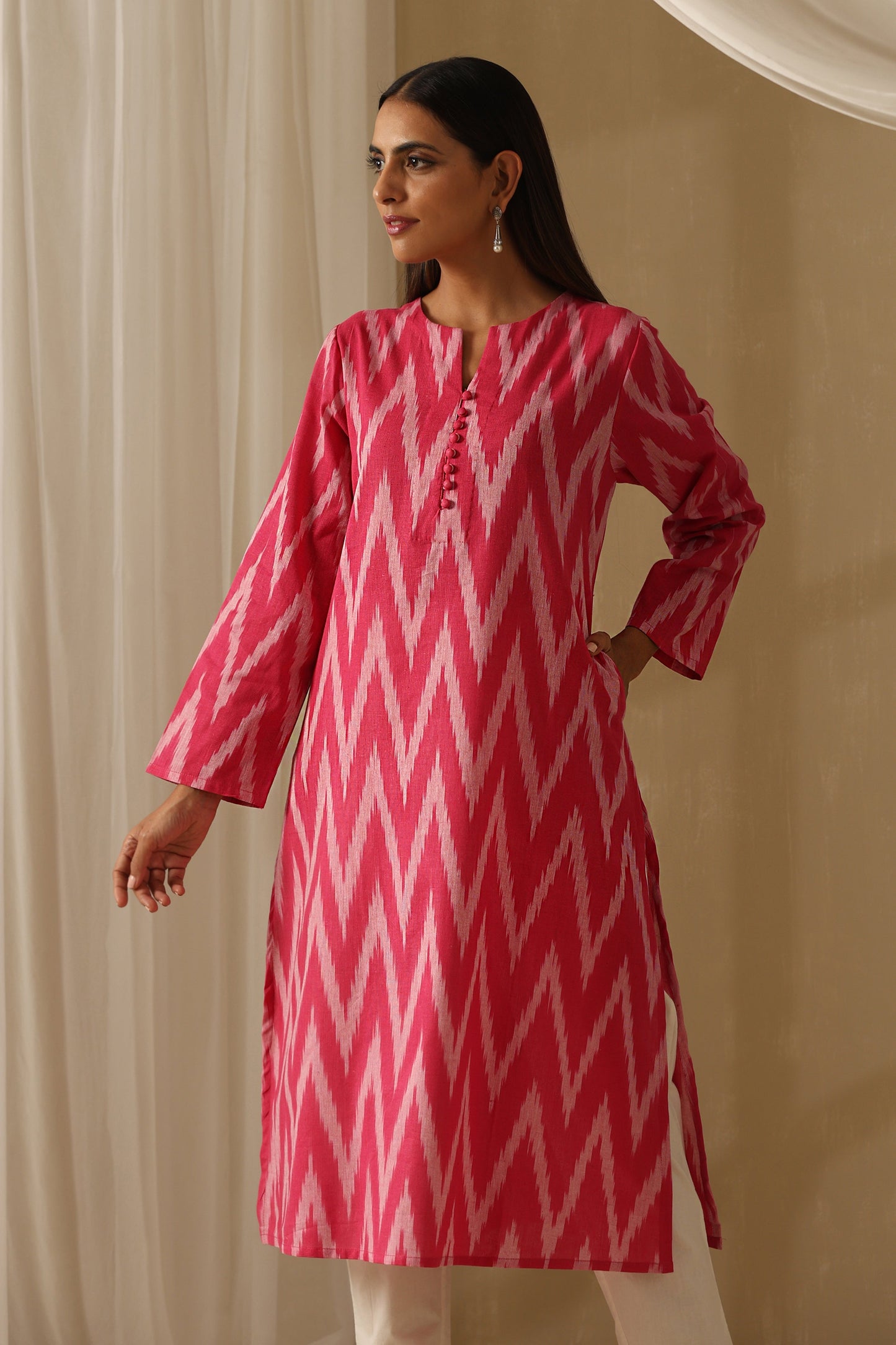 Murraya Camellia Pink Ikat Handloom Cotton Kurta Set of 2