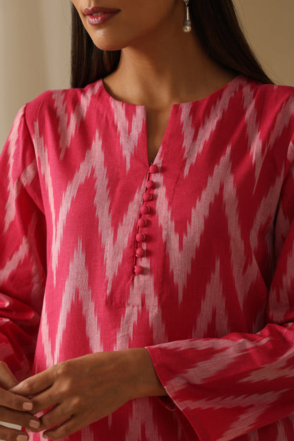 Murraya Camellia Pink Ikat Handloom Cotton Kurta