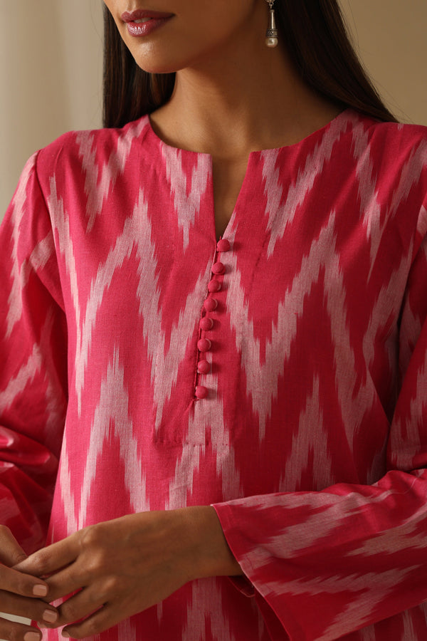 Murraya Camellia Pink Ikat Handloom Cotton Kurta