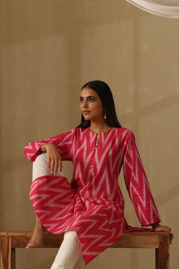 Murraya Camellia Pink Ikat Handloom Cotton Kurta
