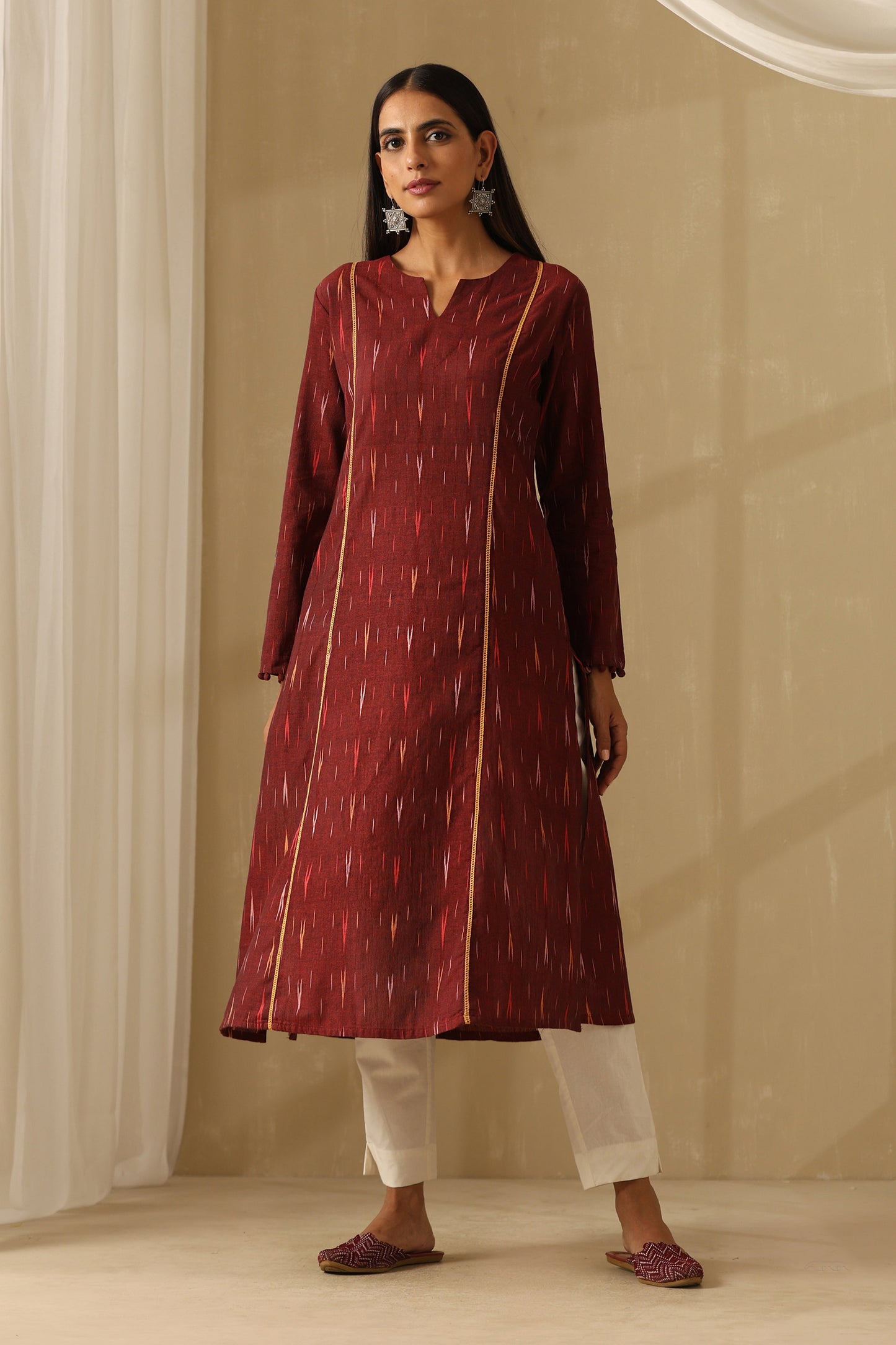 Murraya Siam Burgundy Ikat Handloom Cotton Kurta
