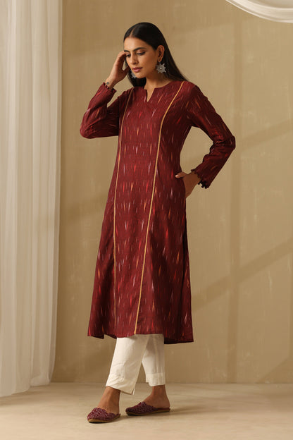 Murraya Siam Burgundy Ikat Handloom Cotton Kurta