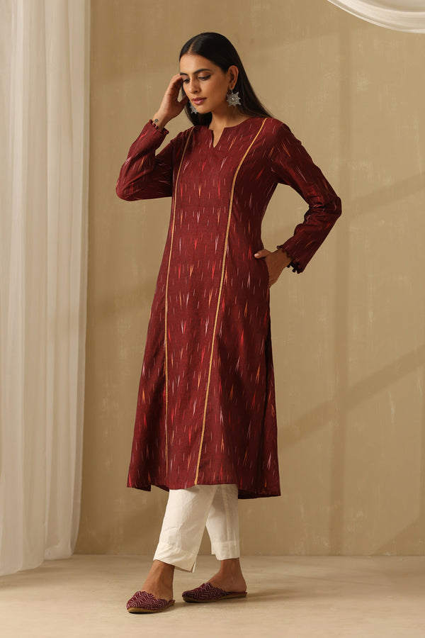 Murraya Siam Burgundy Ikat Handloom Cotton Kurta Set of 2