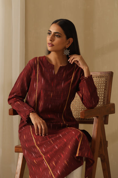 Murraya Siam Burgundy Ikat Handloom Cotton Kurta
