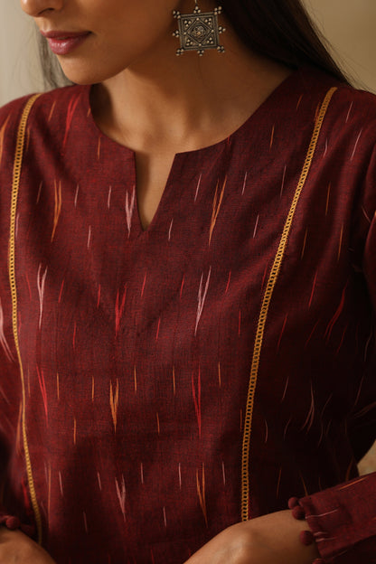 Murraya Siam Burgundy Ikat Handloom Cotton Kurta