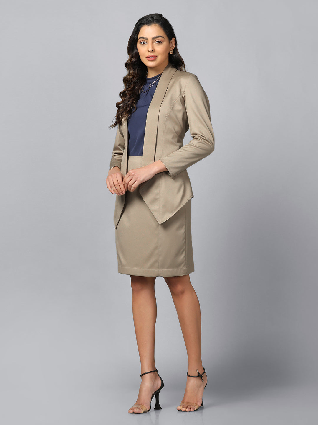 Open Front Shawl Lapel Blazer - Hazel Wood Beige