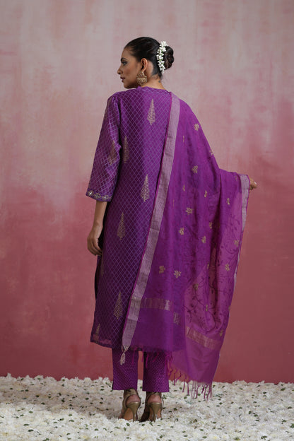 Murraya Purple Merlin Embroidered Chanderi Kurta Set of 3