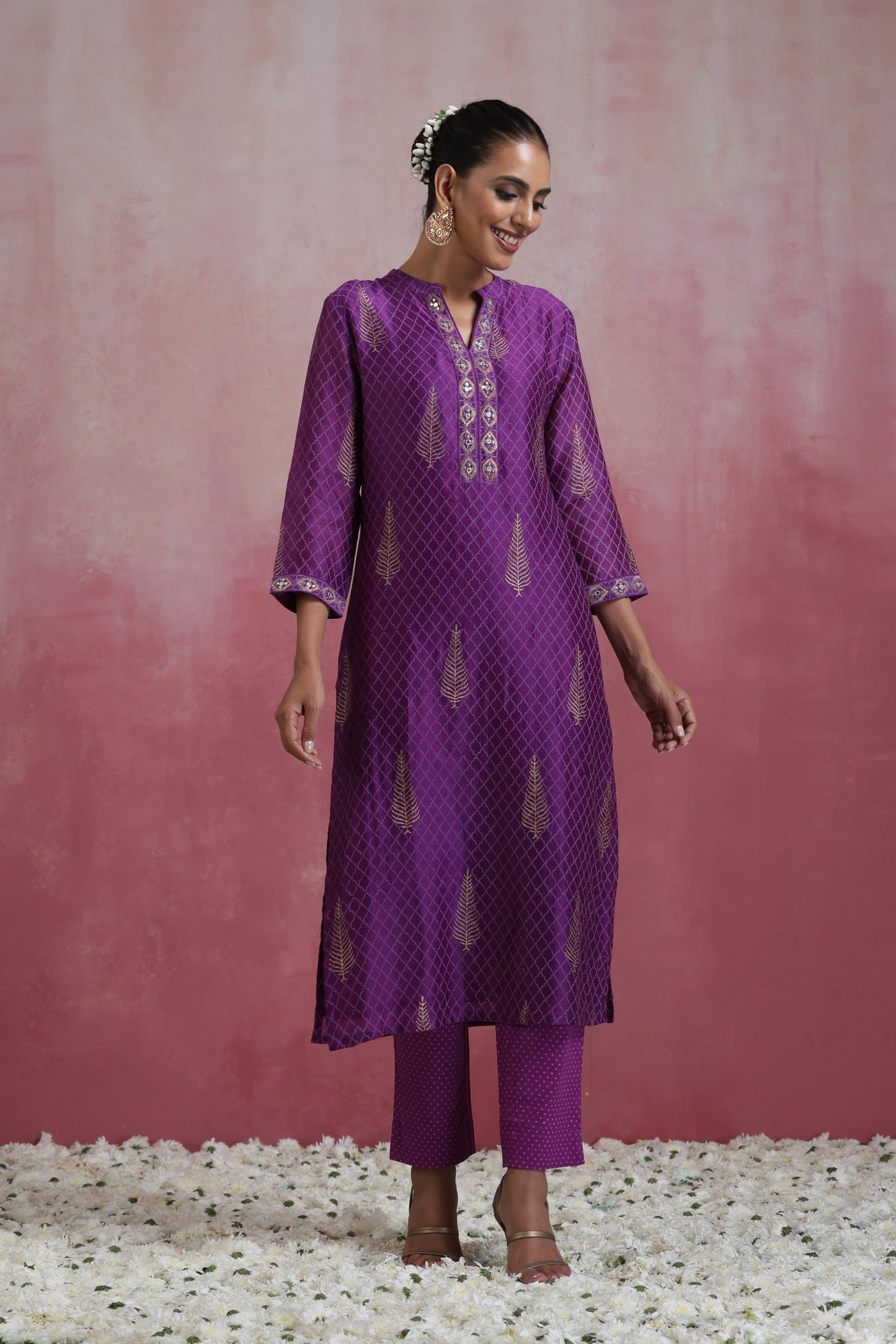 Murraya Purple Merlin Embroidered Chanderi Kurta Set of 3