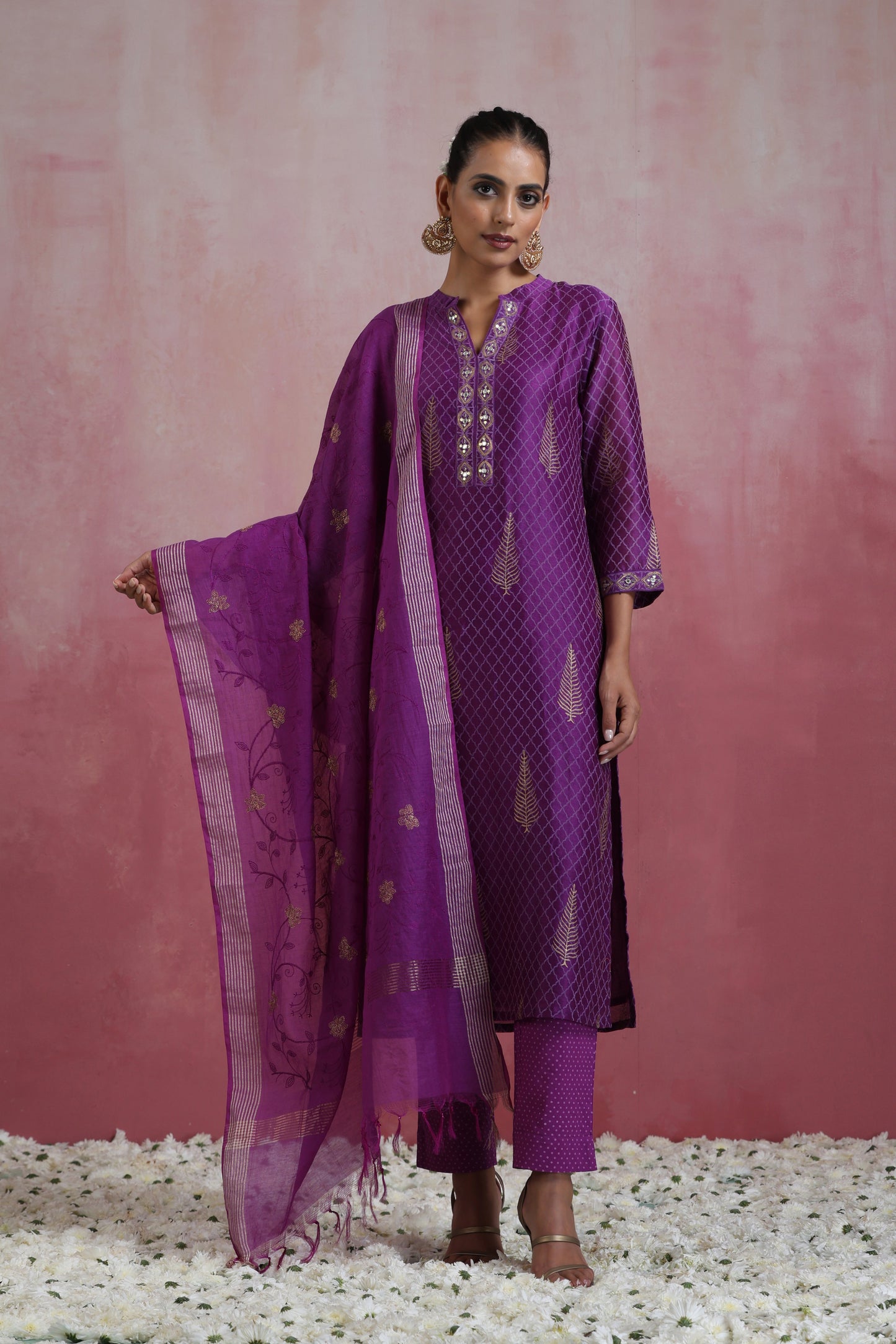 Murraya Purple Merlin Embroidered Chanderi Kurta Set of 3