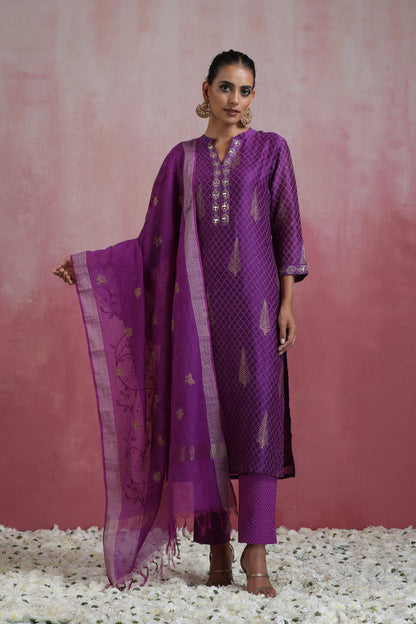 Murraya Purple Merlin Embroidered Chanderi Kurta Set of 3