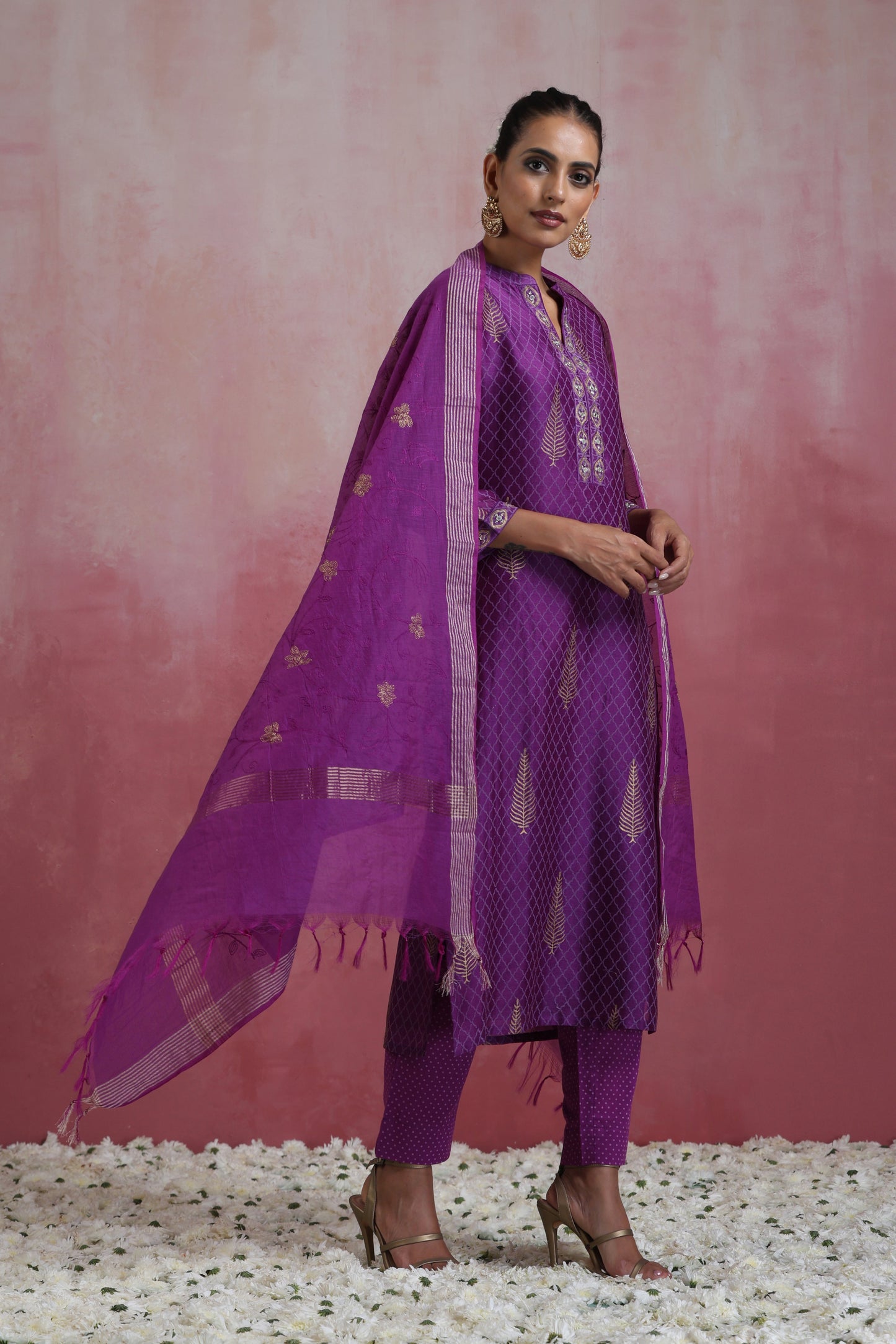 Murraya Purple Merlin Embroidered Chanderi Kurta Set of 3