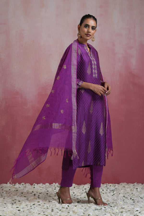 Murraya Purple Merlin Embroidered Chanderi Kurta Set of 3