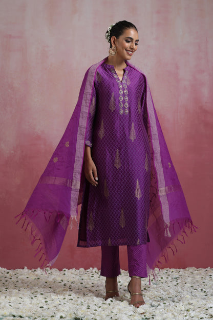 Murraya Purple Merlin Embroidered Chanderi Kurta Set of 3