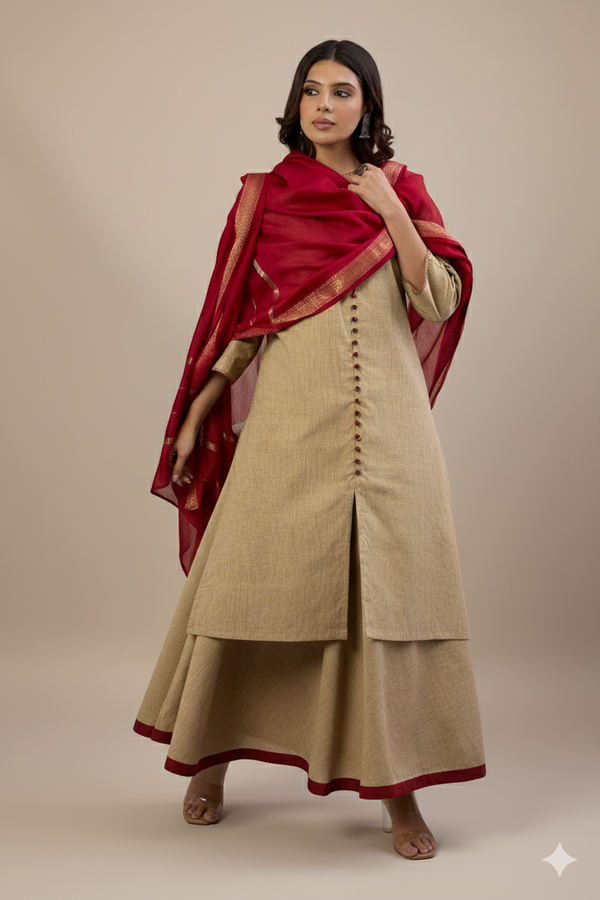 Maati Craft Gulabi Set of 2: Co-ord Set Sandstone Whisper Cotton Button Down Kurta with Flared Skirt