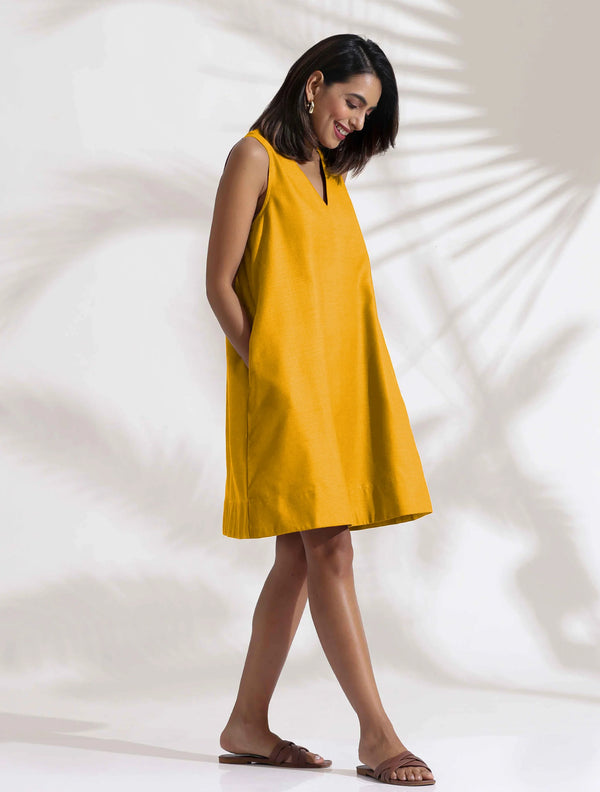 trueBrowns Mustard Cotton Blend Short Dress