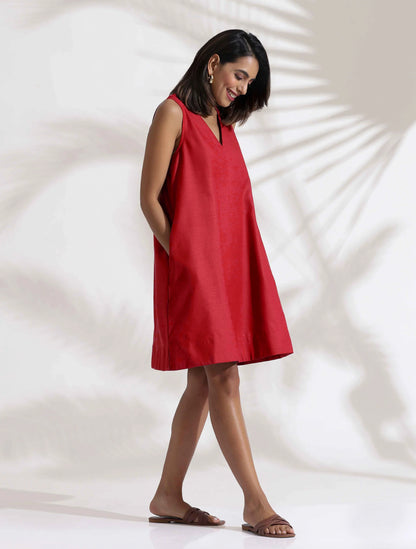 trueBrowns Red Cotton Blend Short Dress