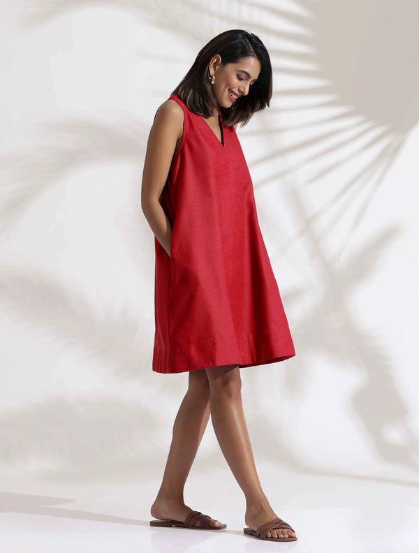 trueBrowns Red Cotton Blend Short Dress