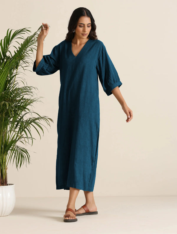trueBrowns Blue Cotton Blend Long Dress