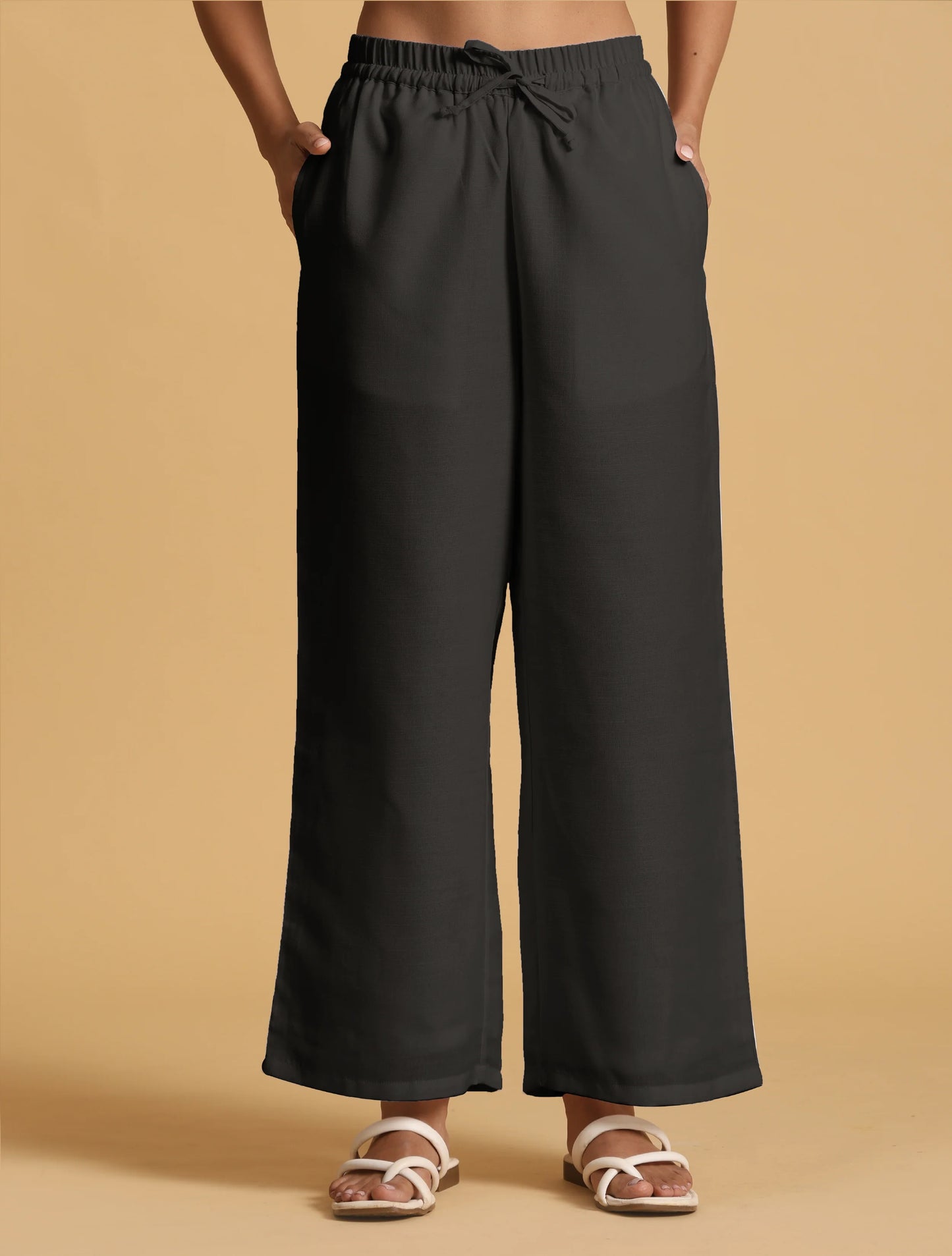 trueBrowns Black Cotton Blend Elasticated Drawstring Straight Pants