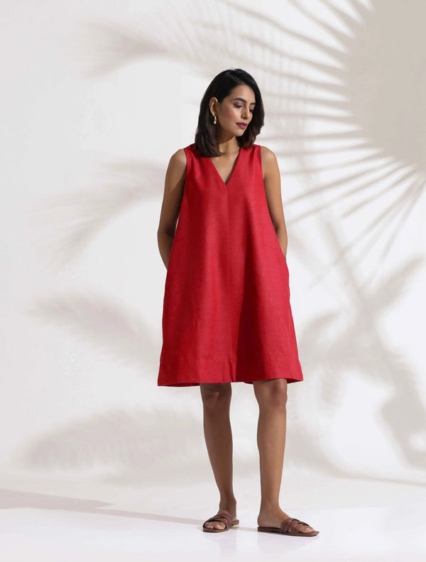 trueBrowns Red Cotton Blend Short Dress