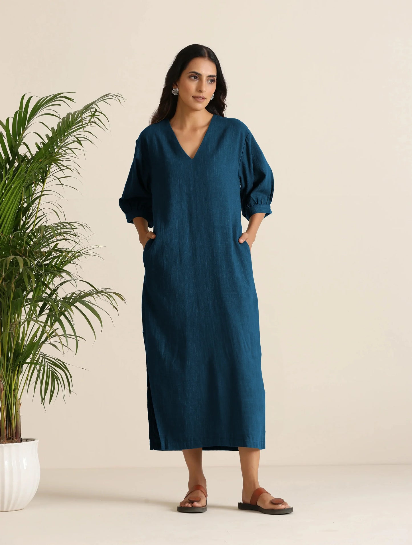 trueBrowns Blue Cotton Blend Long Dress