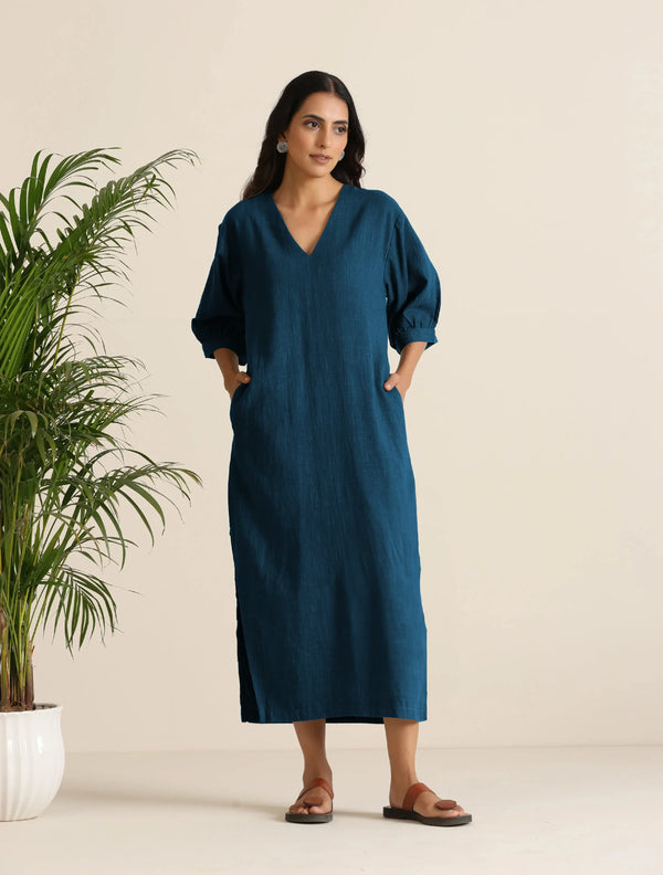 trueBrowns Blue Cotton Blend Long Dress