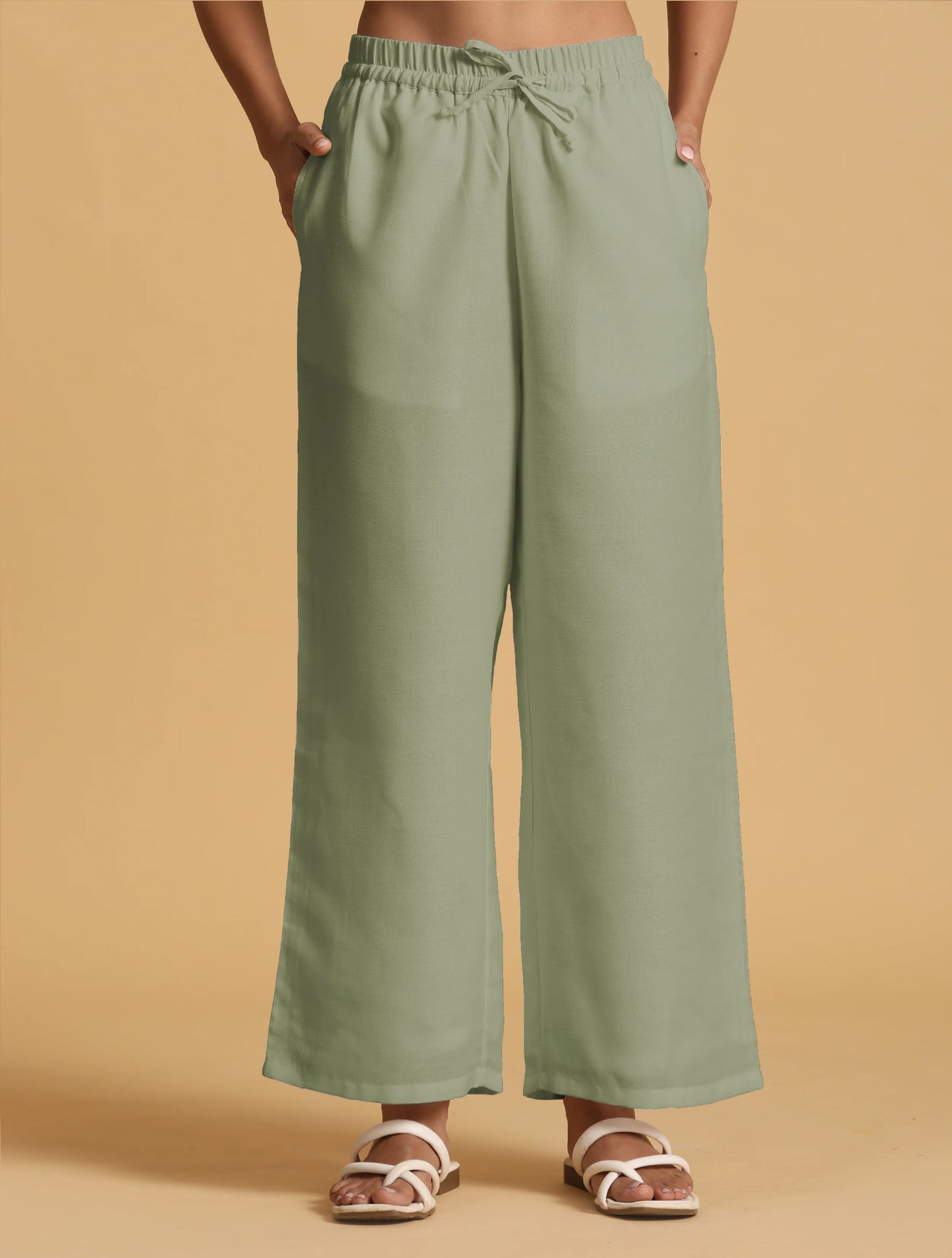 trueBrowns Mint Green Cotton Blend Elasticated Drawstring Straight Pants