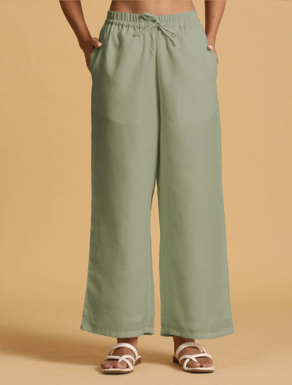 trueBrowns Mint Green Cotton Blend Elasticated Drawstring Straight Pants