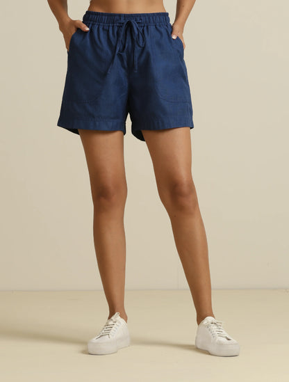trueBrowns Dark Blue Cotton Blend Shorts With Drawstring