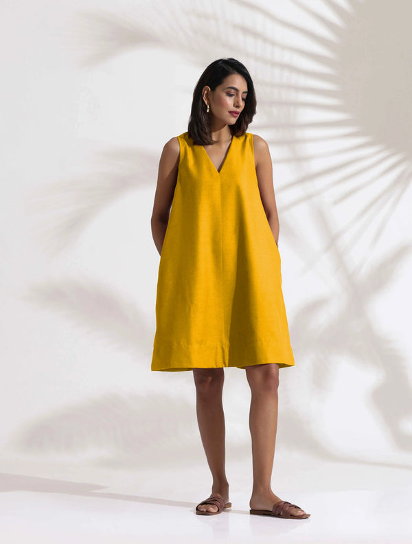 trueBrowns Mustard Cotton Blend Short Dress