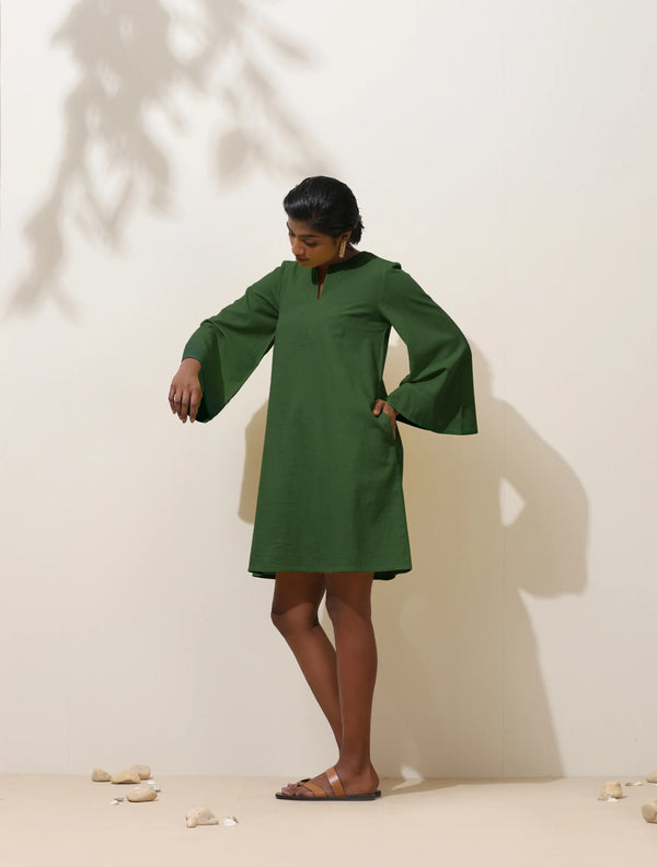 trueBrowns Green Cotton Blend Short Dress