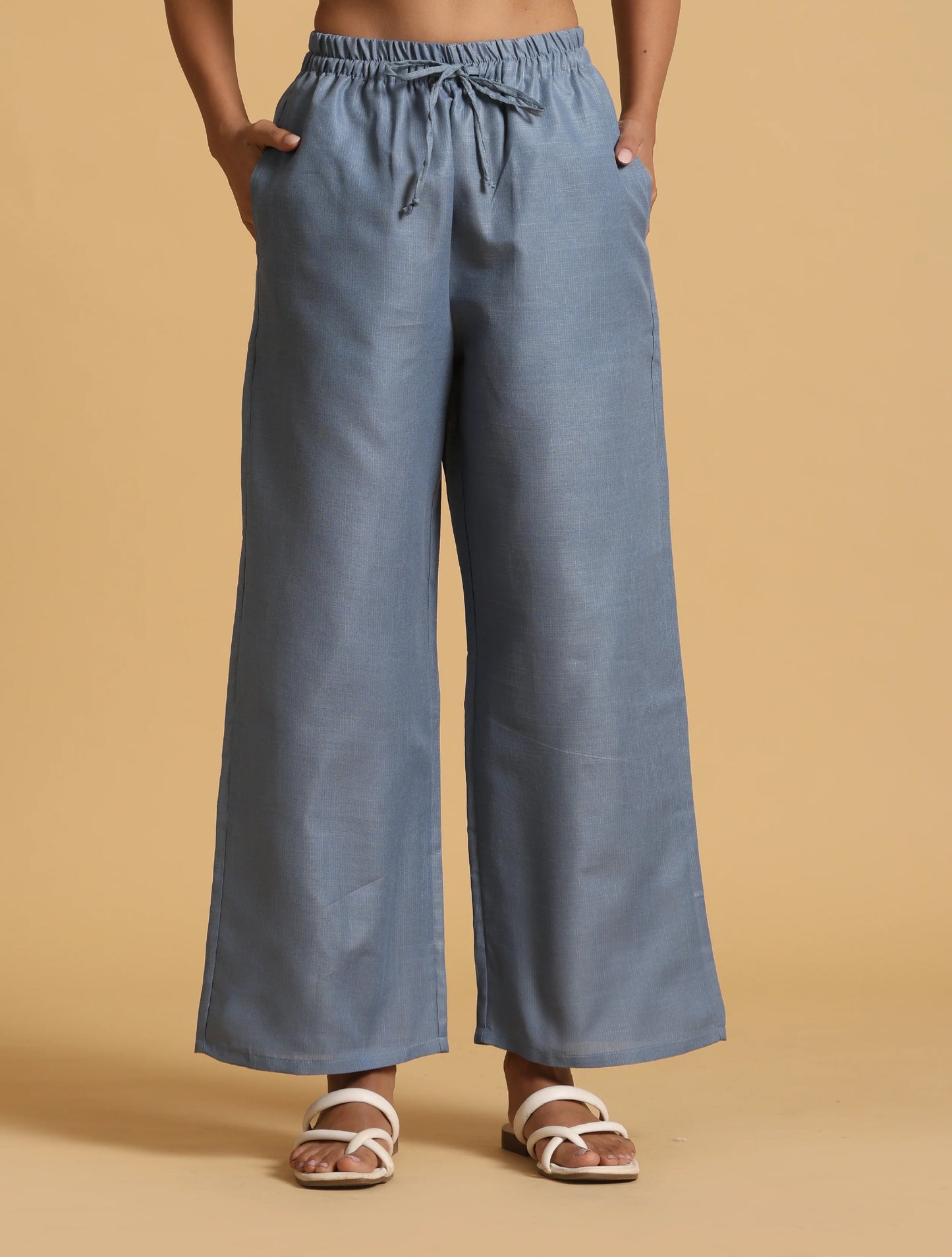 trueBrowns Blue Cotton Blend Elasticated Drawstring Straight Pants