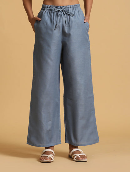 trueBrowns Blue Cotton Blend Elasticated Drawstring Straight Pants
