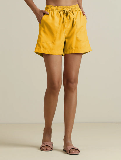 trueBrowns Yellow Cotton Blend Shorts With Drawstring