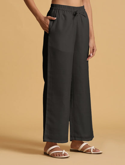trueBrowns Black Cotton Blend Elasticated Drawstring Straight Pants
