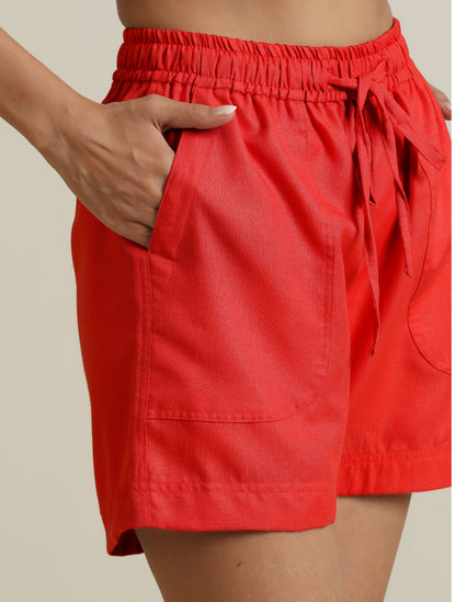 trueBrowns Red Cotton Blend Shorts With Drawstring