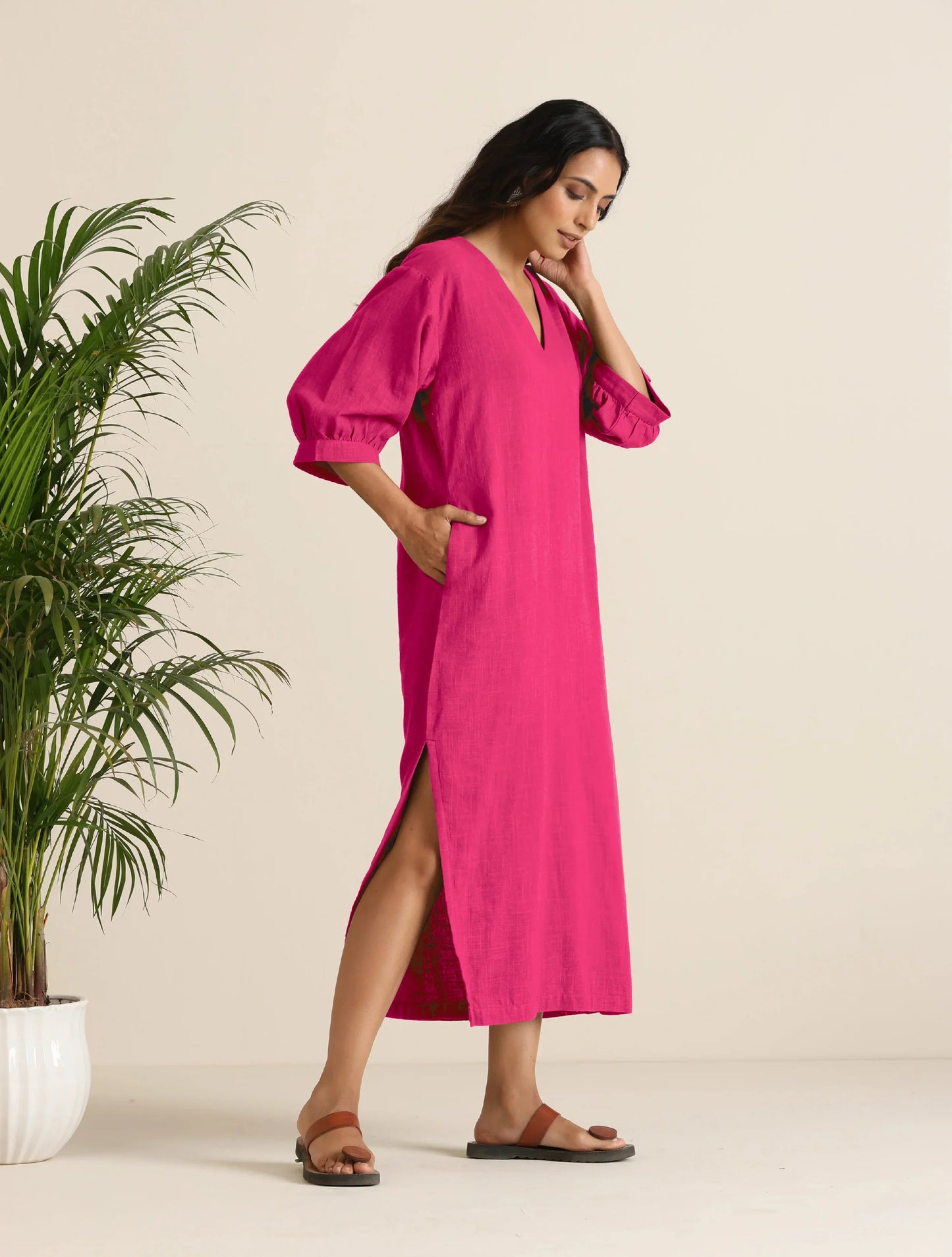 trueBrowns Hot Pink Cotton Blend Long Dress