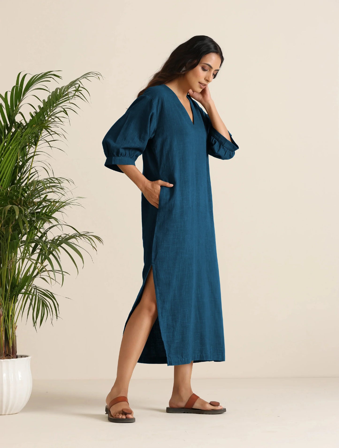 trueBrowns Blue Cotton Blend Long Dress