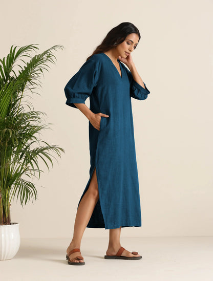 trueBrowns Blue Cotton Blend Long Dress