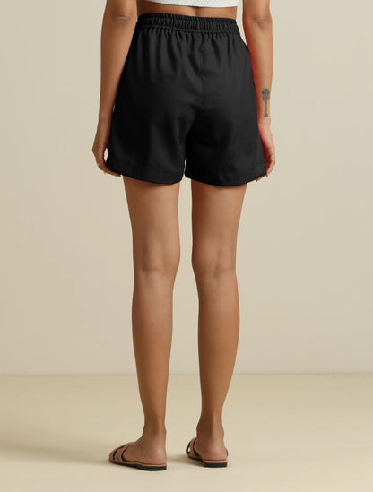 trueBrowns Black Cotton Blend Shorts With Drawstring