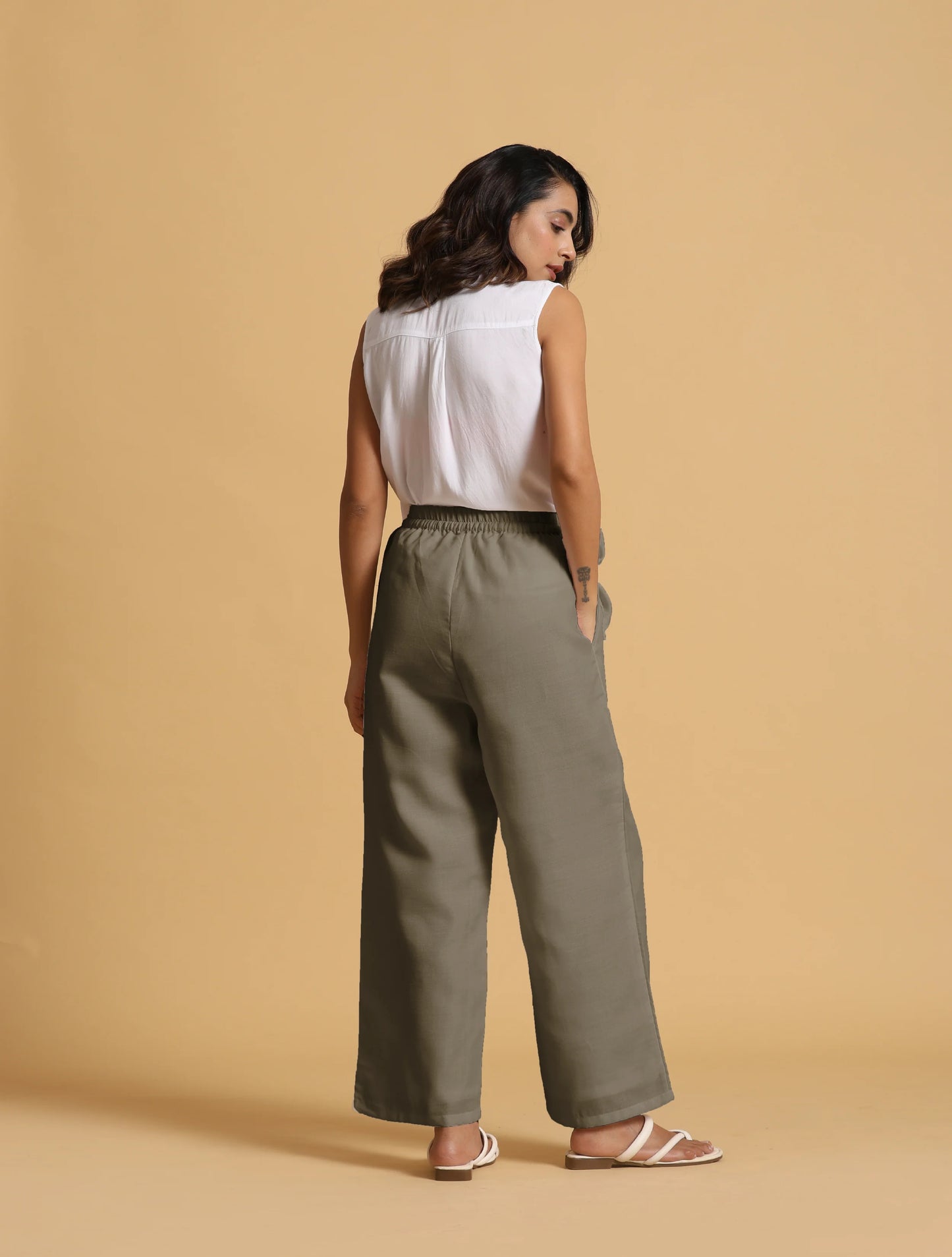 trueBrowns Olive Cotton Blend Elasticated Drawstring Straight Pants