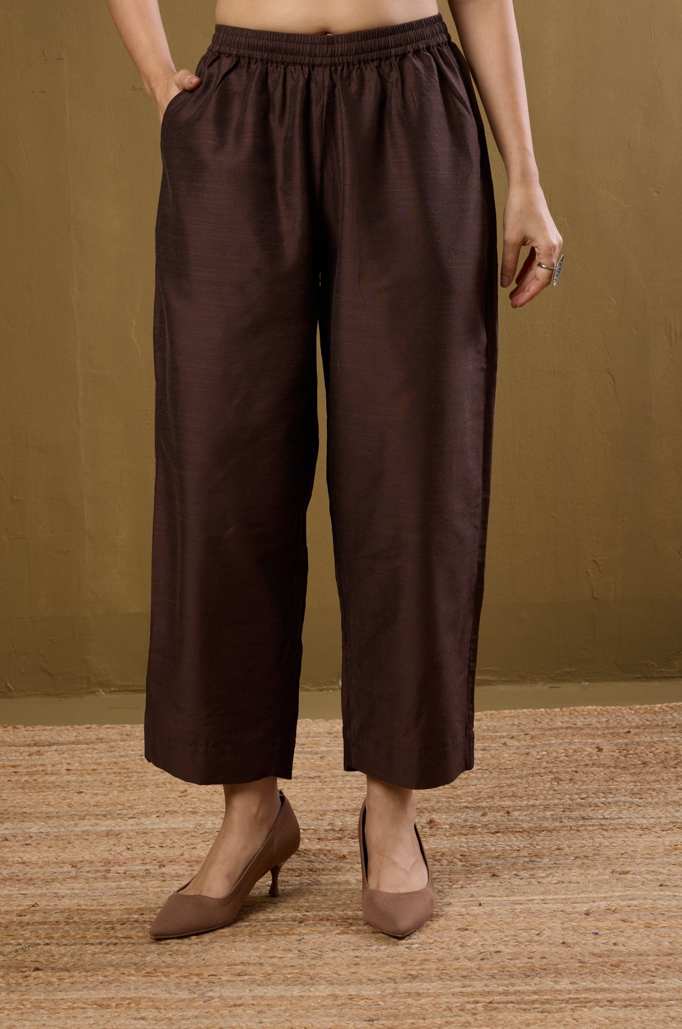 Maati Craft Comfort Fit Pants - Mocha Brown Silk Slub